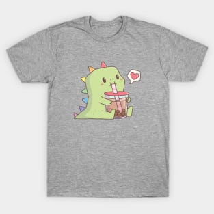 Cute Dinosaur with Rainbow Spikes Loves Bubble Tea T-Shirt